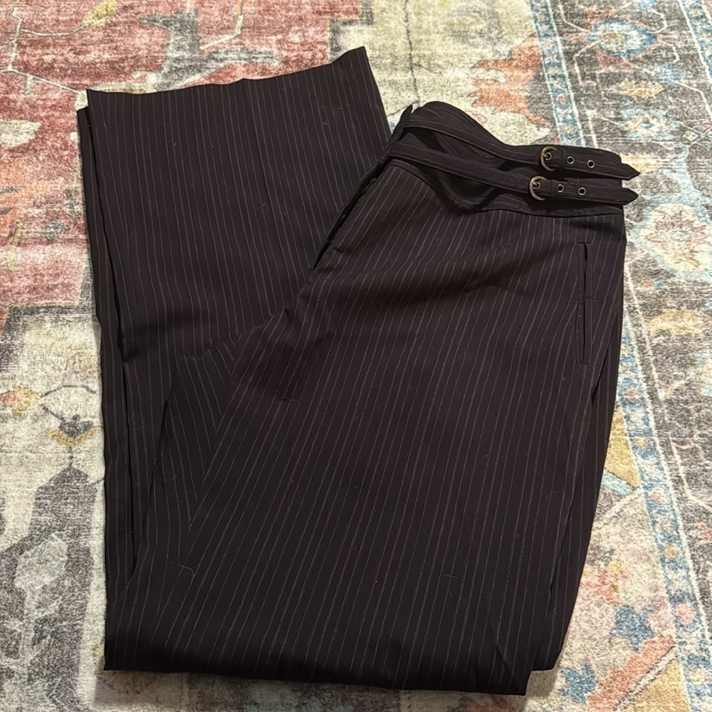 Dorothee Bis Brown pin stripe high rise wide‎ leg career women’s pants Sz 12